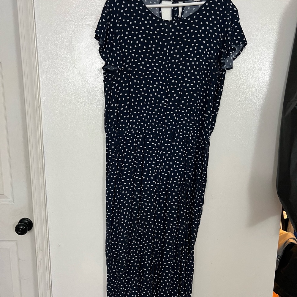 Navy blue and white polka dot jumpsuit. Gently used side 2xl